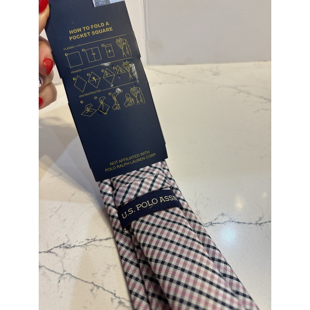 U.S. Polo Assn Men Tie & Pocket Square Set - Pink Black Plaid NWT EASTER SPRING - Picture 3 of 3